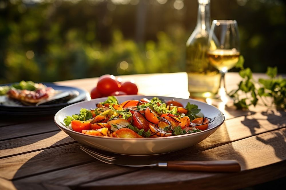 Healthy meal for dinner outdoors nature plate. AI generated Image by rawpixel.