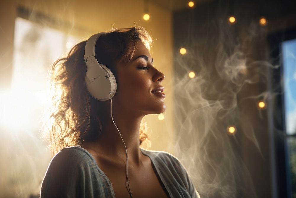 Woman listening music with earphone and danceing in living room headphones smoking adult. AI generated Image by rawpixel.