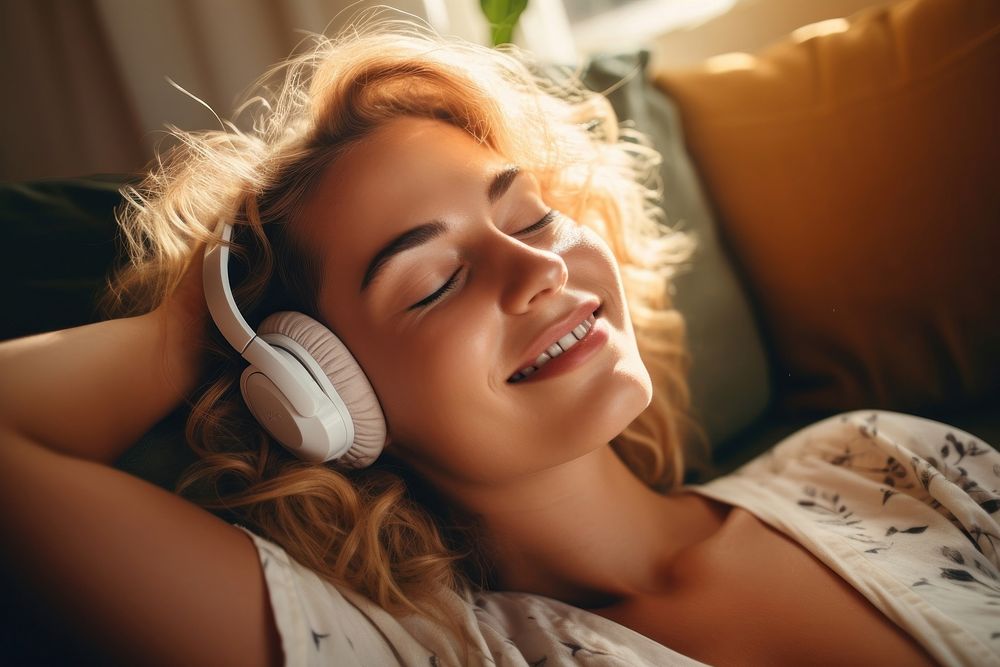 Woman listening music smile adult comfortable. AI generated Image by rawpixel.