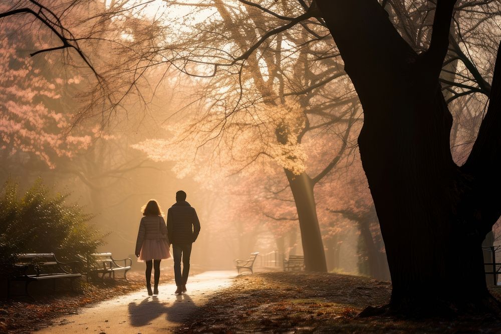 Couple walking in the park with happy vibes autumn plant light. AI generated Image by rawpixel.