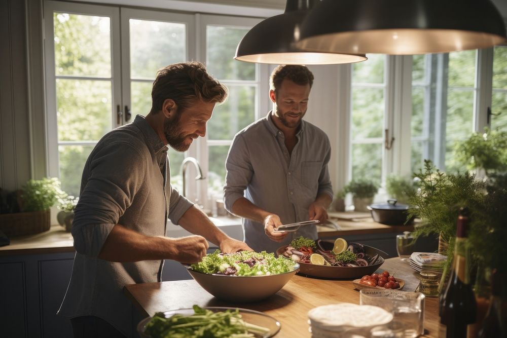 Men cooking a healthy salad kitchen lunch adult. 