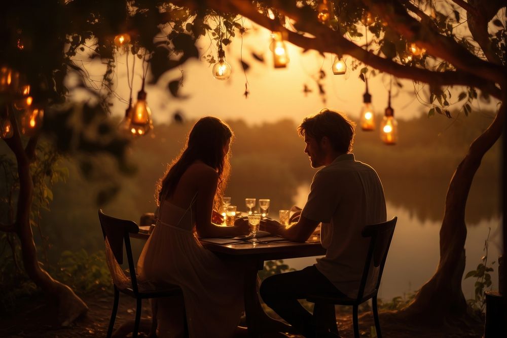 Couple having a dinner outdoors nature light. AI generated Image by rawpixel.