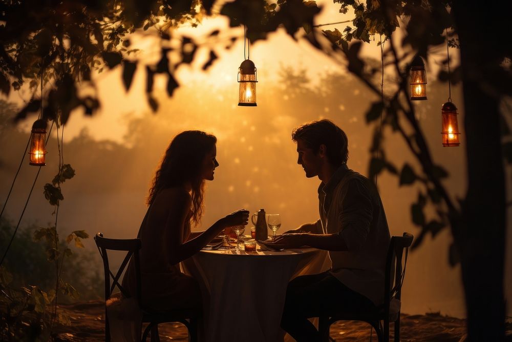 Couple having a dinner nature outdoors light. AI generated Image by rawpixel.