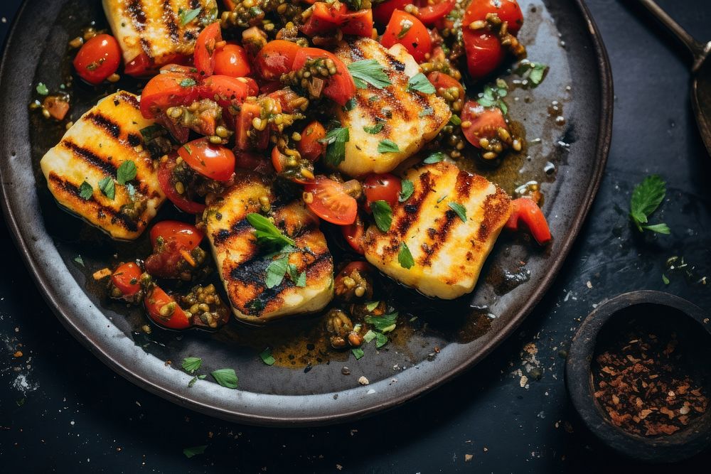Grilled haloumi and tomato bruschetta plate table food. AI generated Image by rawpixel.