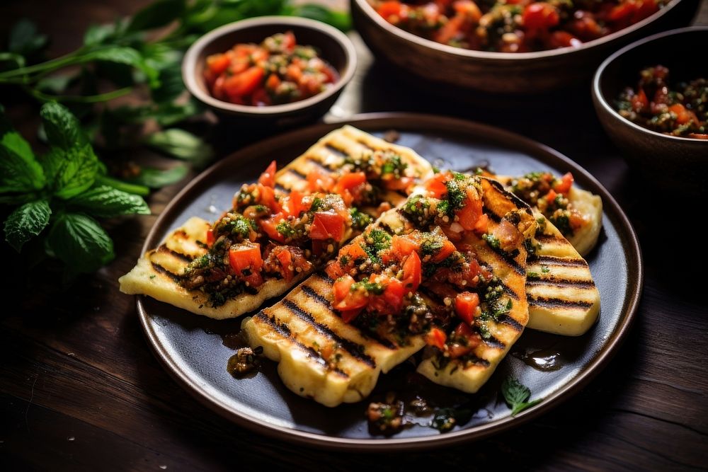 Grilled haloumi and tomato bruschetta grilled plate table. AI generated Image by rawpixel.