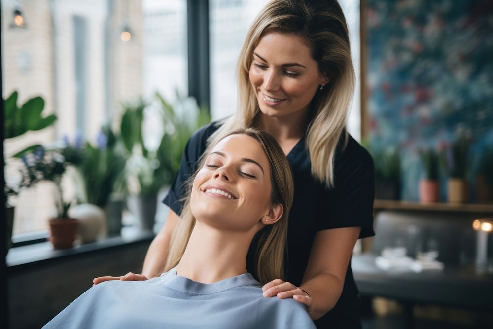On-site massage adult smile togetherness. AI generated Image by rawpixel.