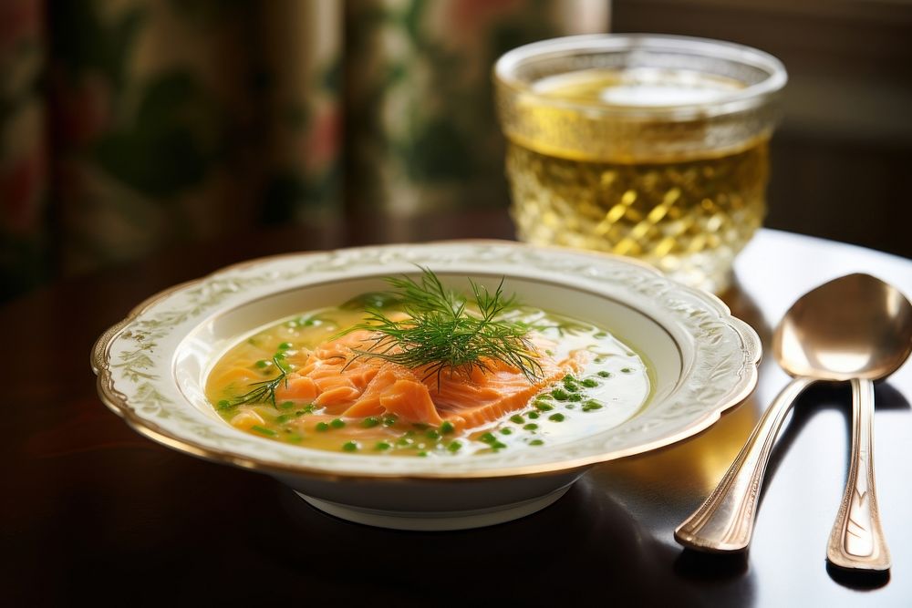 Smoked salmon soup plate table. AI generated Image by rawpixel.