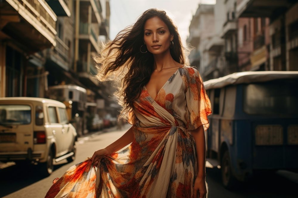 Filipino wearing long dress around street portrait vehicle adult. AI generated Image by rawpixel.