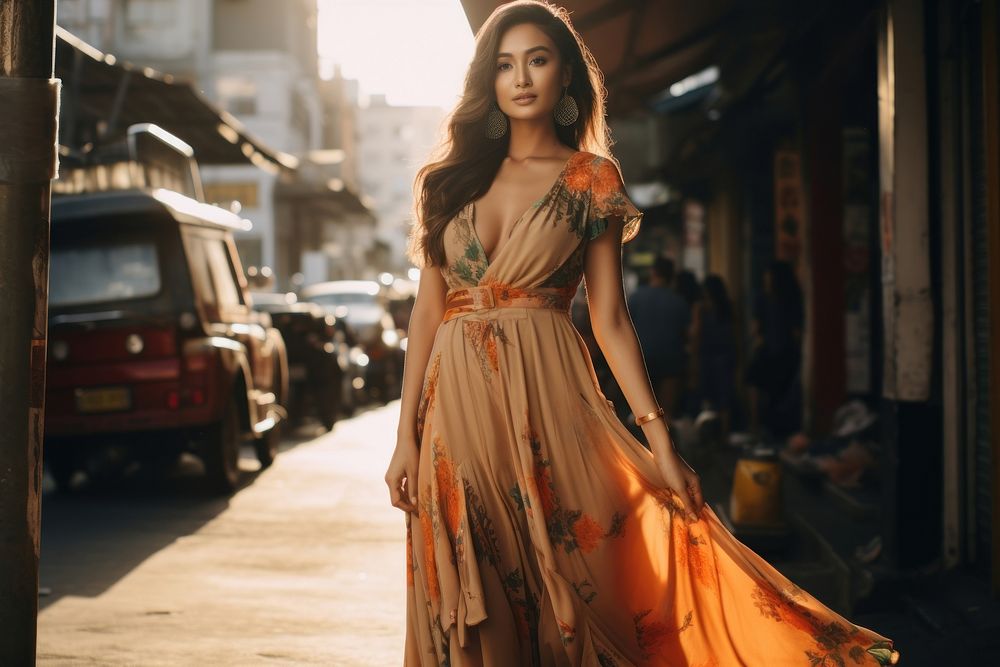 Filipino wearing long dress around street fashion adult gown. AI generated Image by rawpixel.