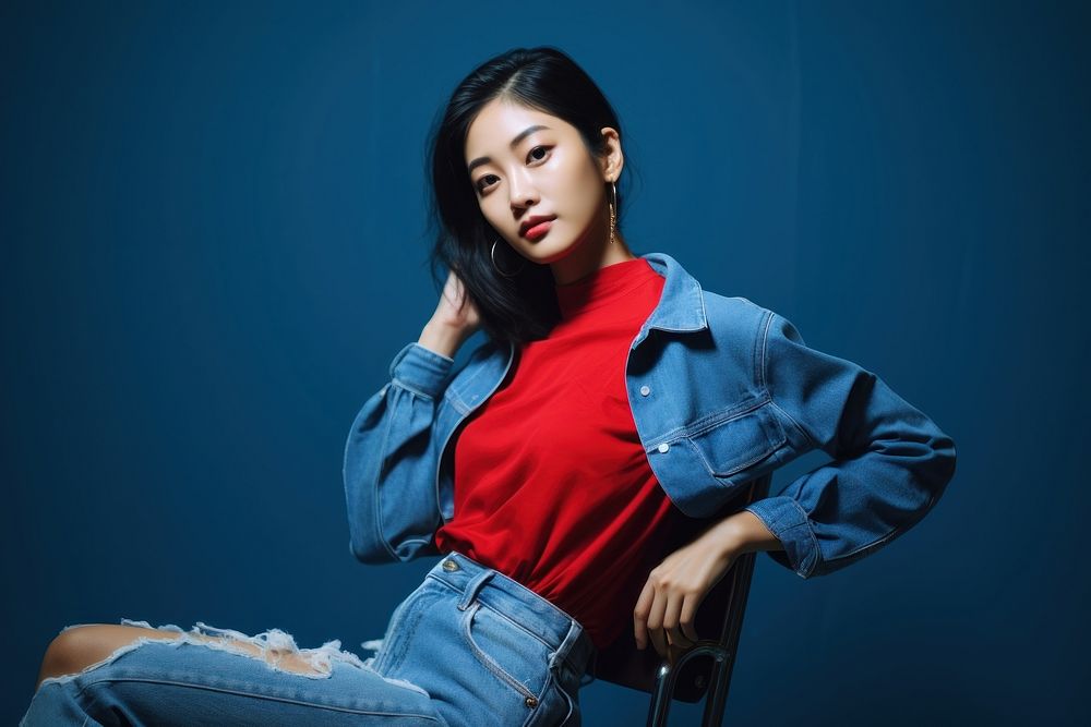 Thai woman wearing denim trend Red Stitched sitting red contemplation. AI generated Image by rawpixel.