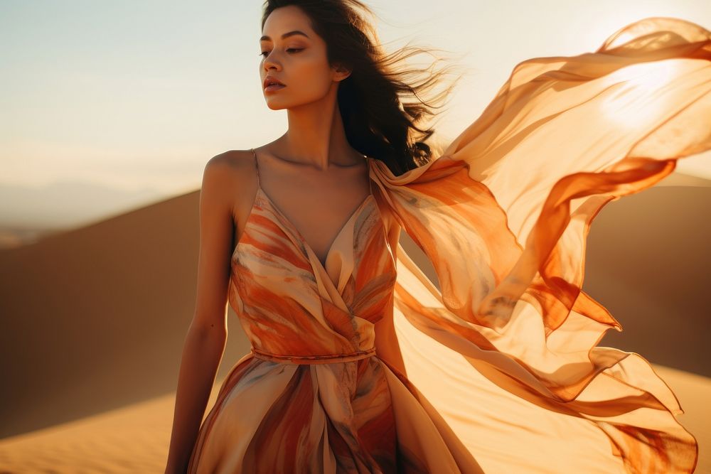 Thai woman wearing long dress in desert portrait outdoors fashion. AI generated Image by rawpixel.
