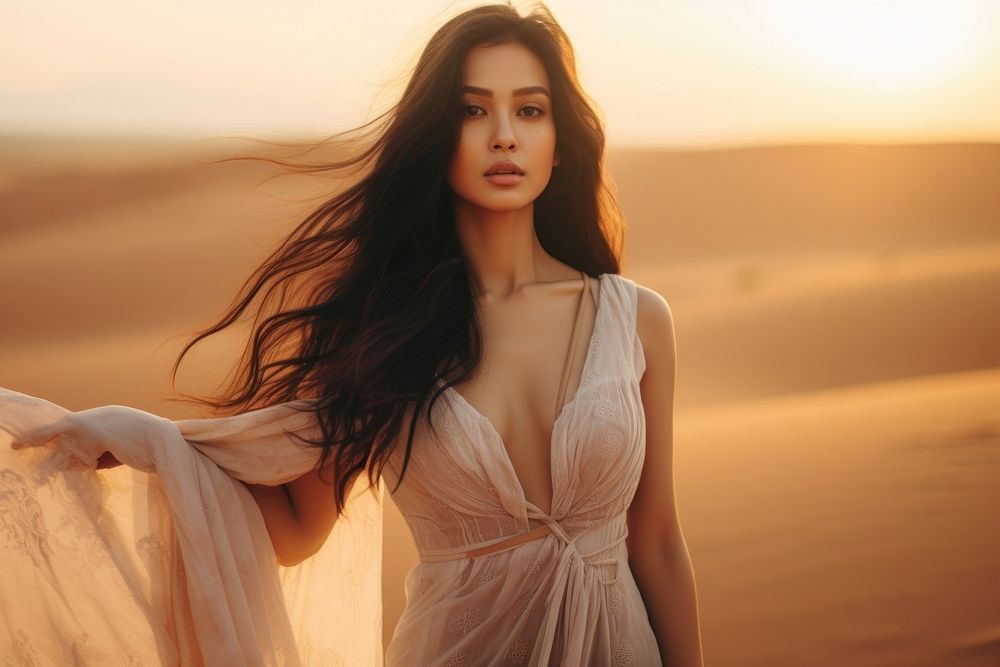 Thai woman wearing long dress in desert portrait outdoors fashion. AI generated Image by rawpixel.