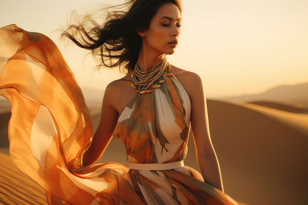 Thai woman wearing long dress in desert fashion adult tranquility. AI generated Image by rawpixel.