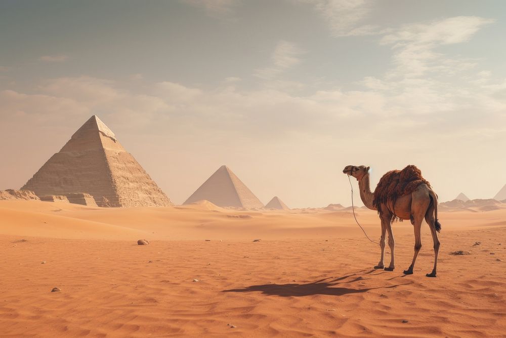 Camels pyramid architecture landscape. AI generated Image by rawpixel.