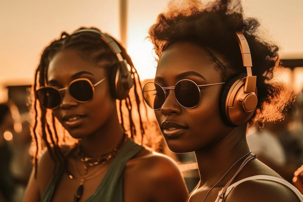 African American women headphones sunglasses necklace. AI generated Image by rawpixel.