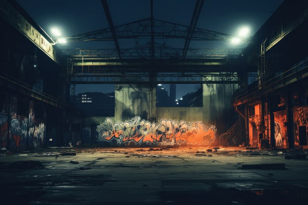 Abandoned factory building with many graffiti on the walls at night abandoned city deterioration. AI generated Image by…