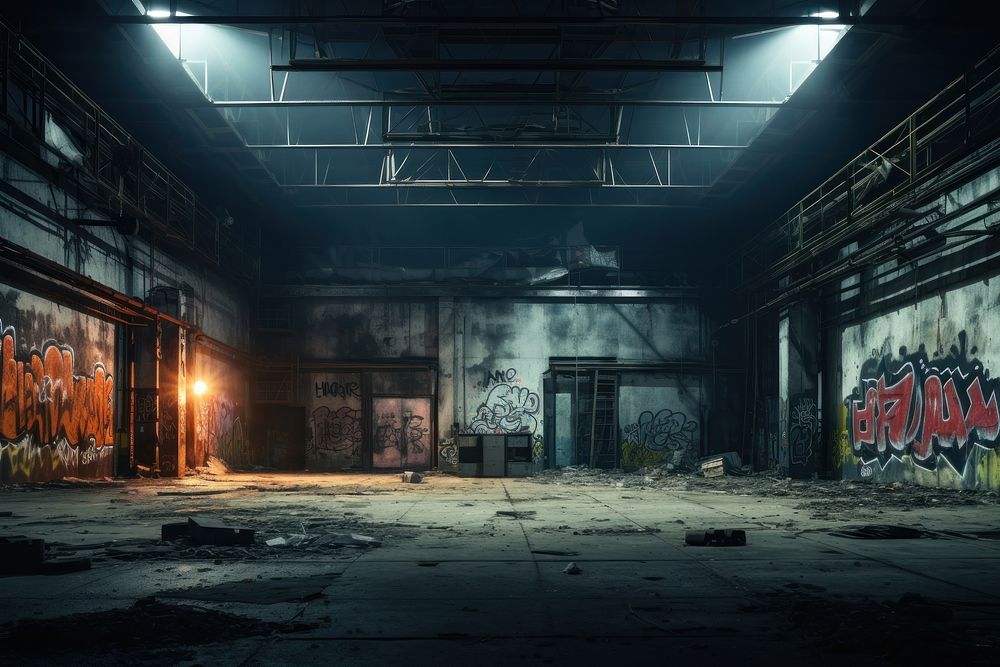 Abandoned factory building with many graffiti on the walls at night abandoned old deterioration. AI generated Image by…