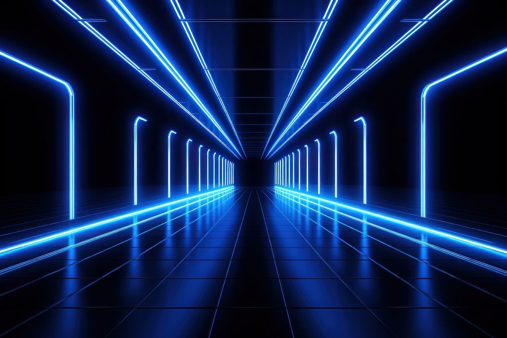 Blue neon glowing spaceship corridor hallway dark background backgrounds lighting architecture. AI generated Image by…