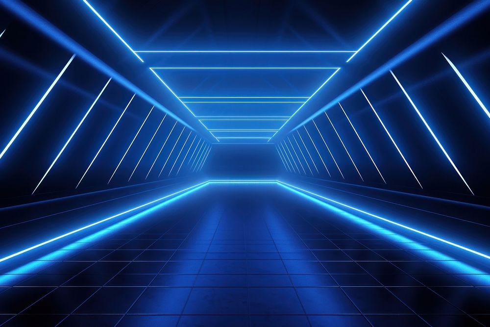 Blue neon glowing spaceship corridor hallway dark background backgrounds light architecture. AI generated Image by rawpixel.