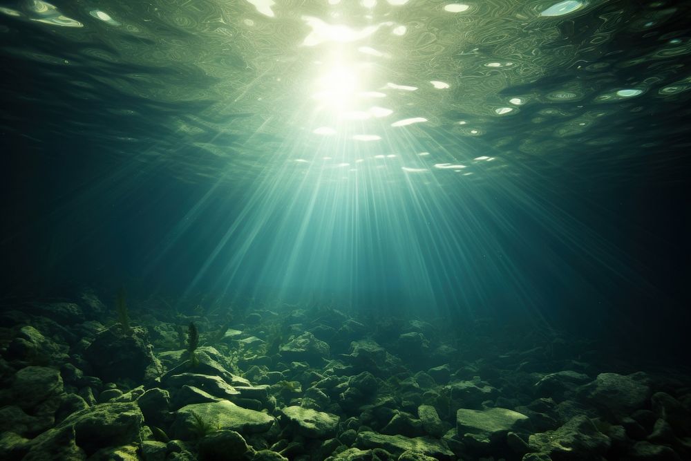 Calm underwater scene with sunrays reaching the seabed sunlight outdoors nature. AI generated Image by rawpixel.