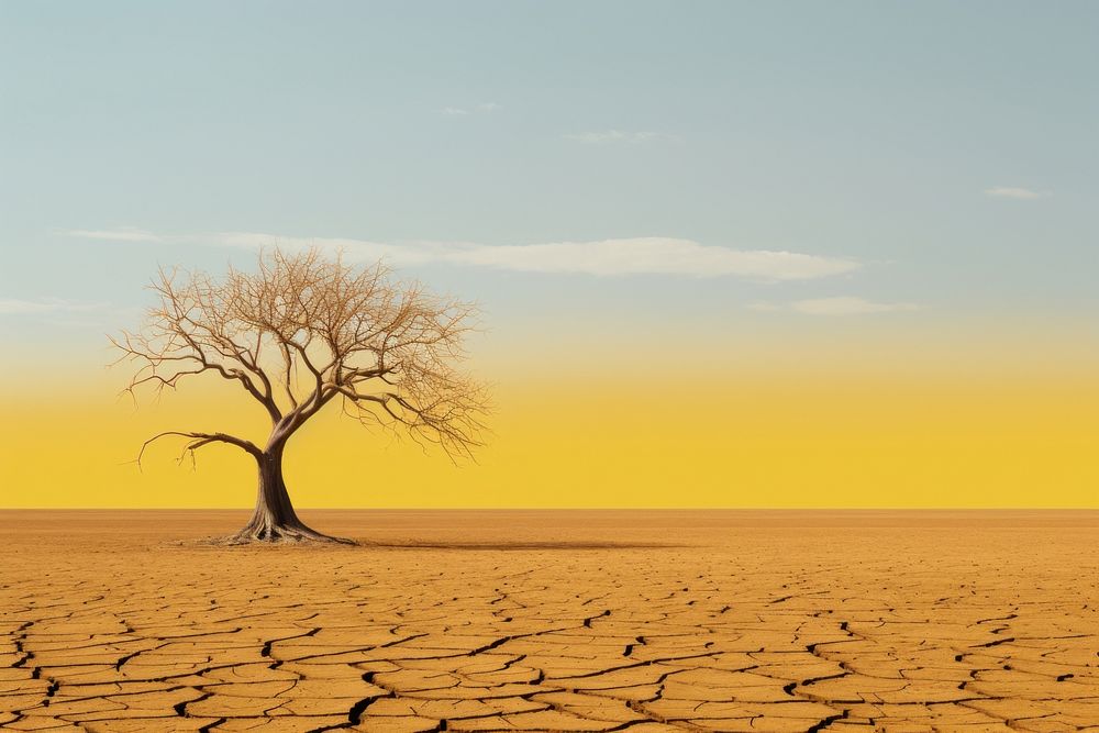 Dramatic empty scene of arid land or drought soil with old tress outdoors horizon nature. AI generated Image by rawpixel.