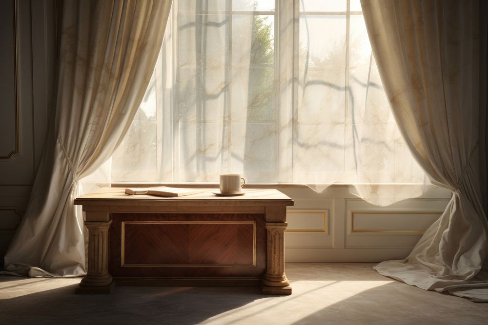 Empty marble desk in front of window light and white curtains windowsill furniture table. AI generated Image by rawpixel.