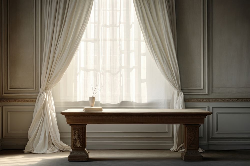 Empty marble desk in front of window light and white curtains furniture table architecture. AI generated Image by rawpixel.