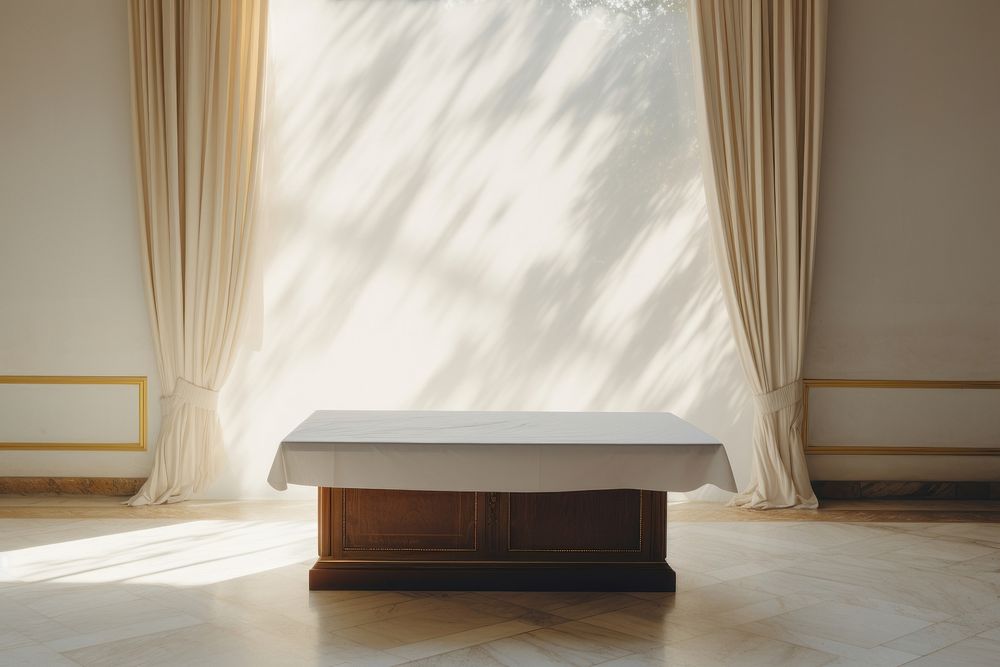 Empty marble desk in front of window light and white curtains furniture wood architecture. AI generated Image by rawpixel.