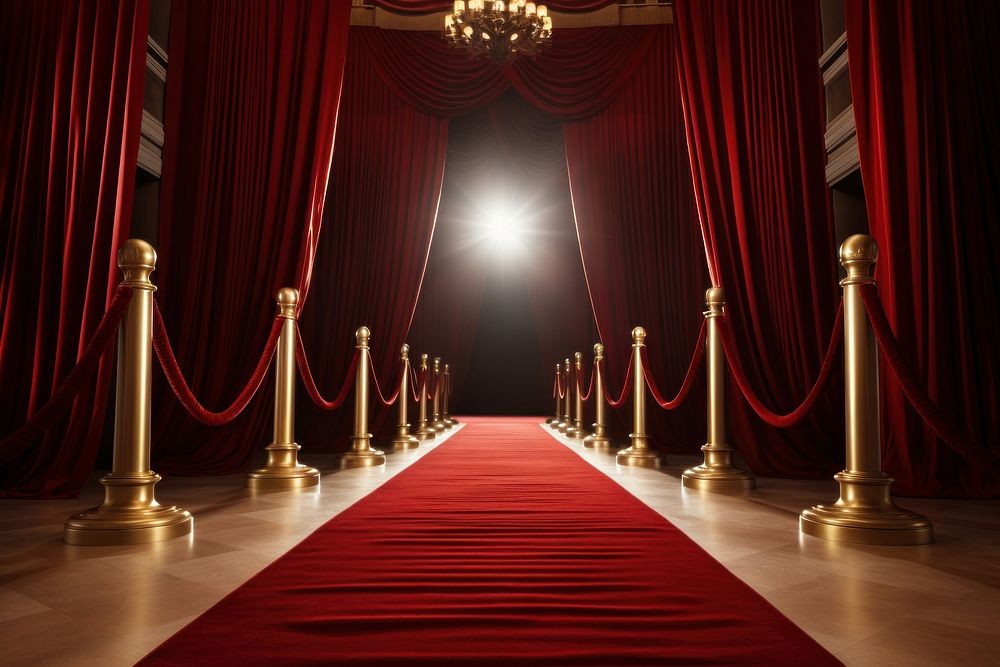 Red carpet with red carpet and red curtains gold architecture illuminated. 