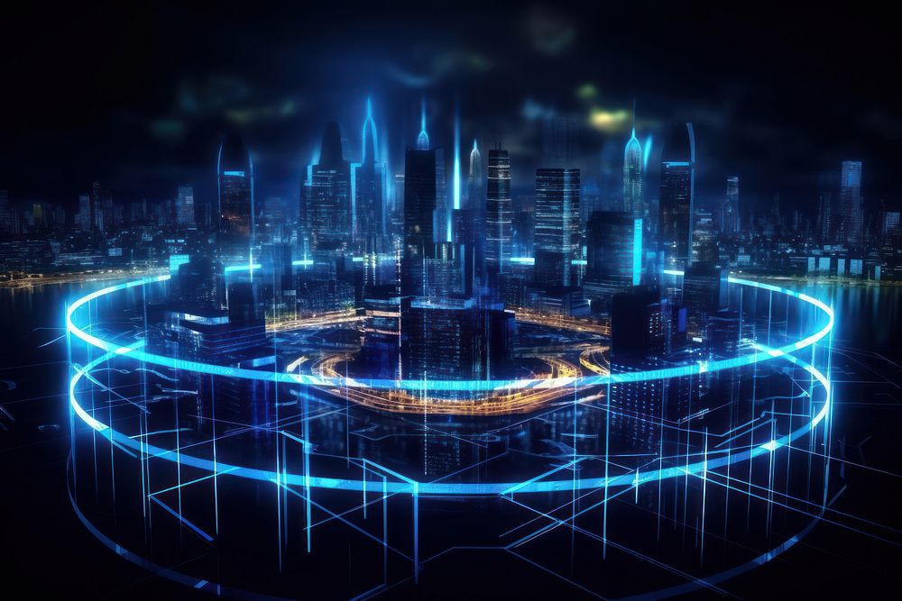 Smart city night architecture technology. AI generated Image by rawpixel.