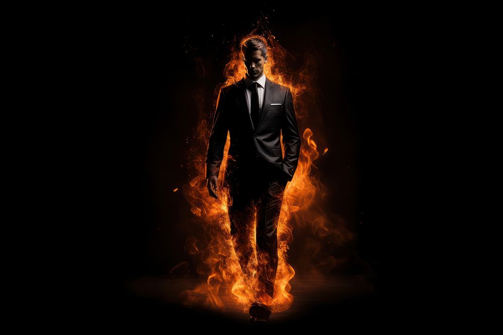 Man in suit walking fire portrait burning. AI generated Image by rawpixel.