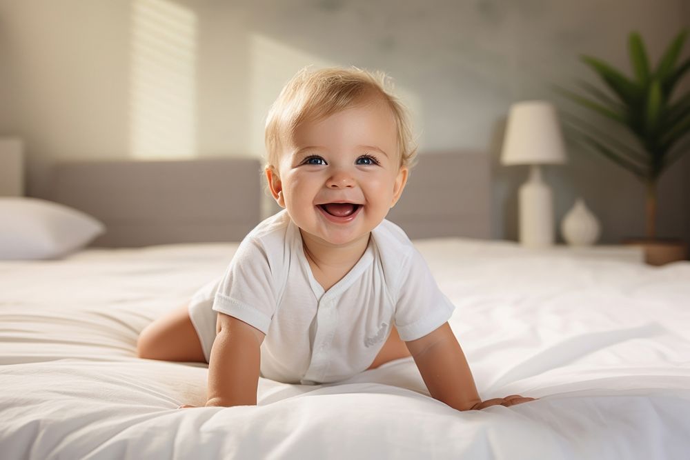 Cute baby boy crawling on bed smiling cute comfortable beginnings. AI generated Image by rawpixel.