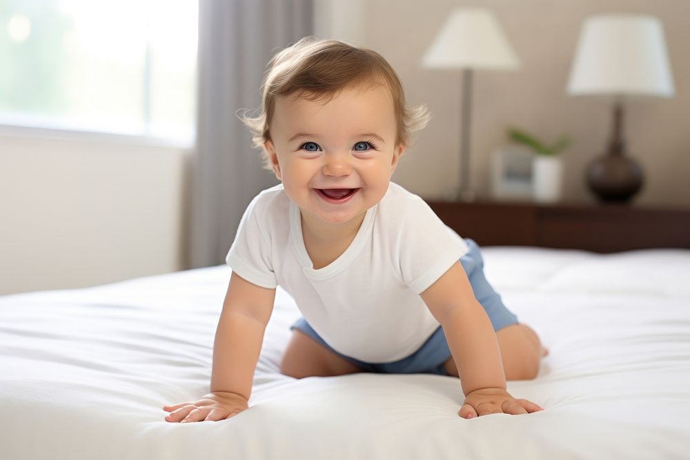 Cute baby boy crawling on bed smiling cute comfortable. AI generated Image by rawpixel.