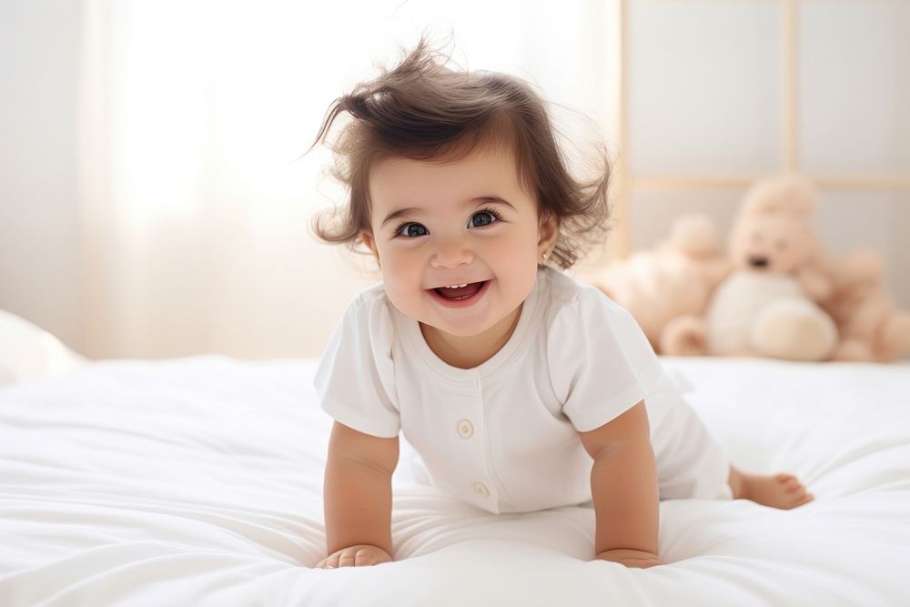 Cute baby girl crawling on bed smiling cute beginnings. AI generated Image by rawpixel.
