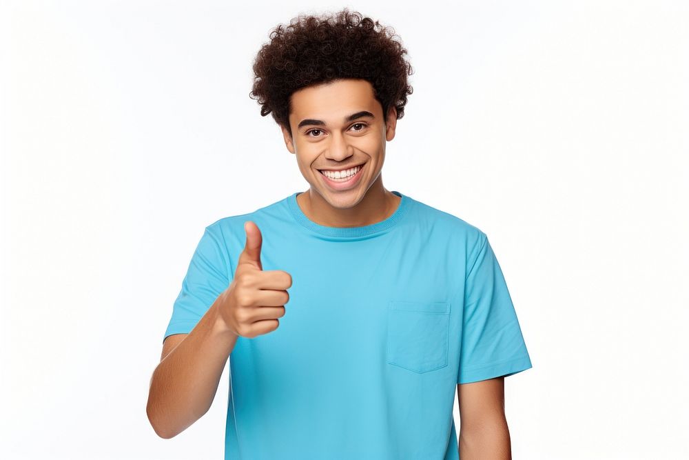 Cute smiling mixed race man in blue t-shirt pointing right with finger smile adult hand. AI generated Image by rawpixel.