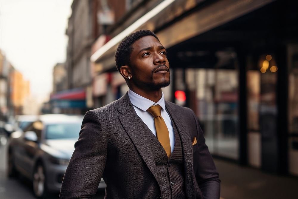 African businessman looking sideways while waiting for a cab in the morning portrait adult photo. AI generated Image by…