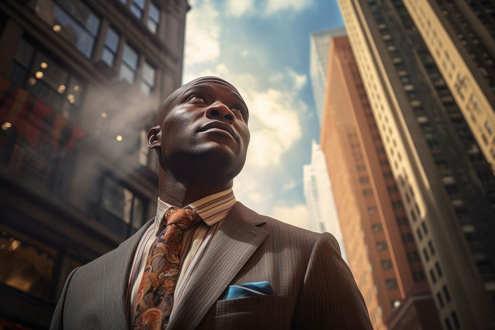 African businessman looking up the building in a big city architecture portrait adult. AI generated Image by rawpixel.