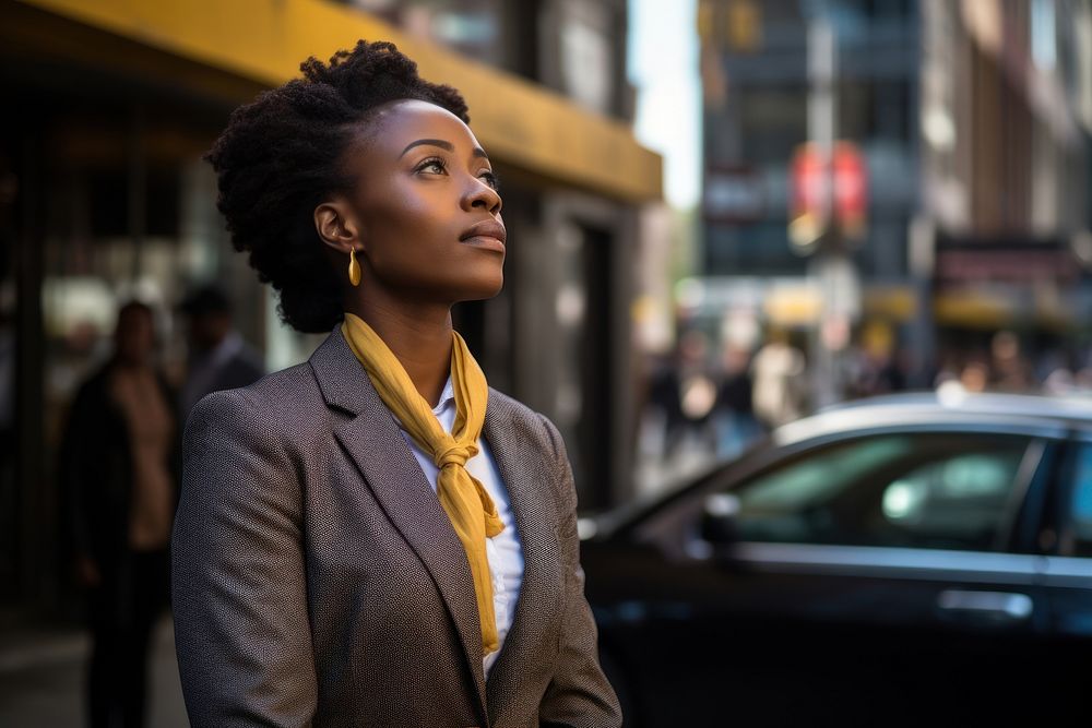African businesswoman looking sideways while waiting for a cab in the morning portrait vehicle adult. AI generated Image by…