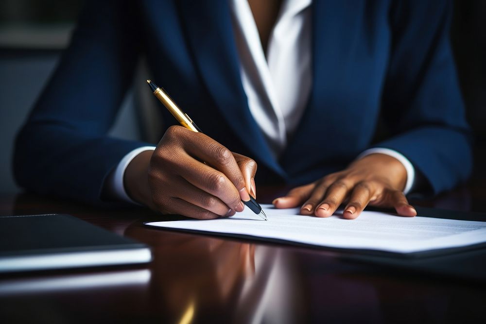 African Businesswoman signing agreement paper writing pen handwriting. 