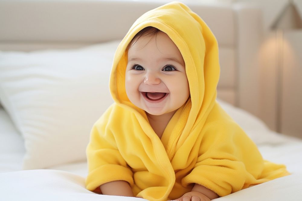 Happy laughing baby wearing yellow hooded duck towel sitting on a bed smile happy comfortable. AI generated Image by…
