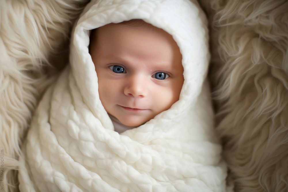 Newborn baby boy swaddled in white blanket portrait photo head. AI generated Image by rawpixel.