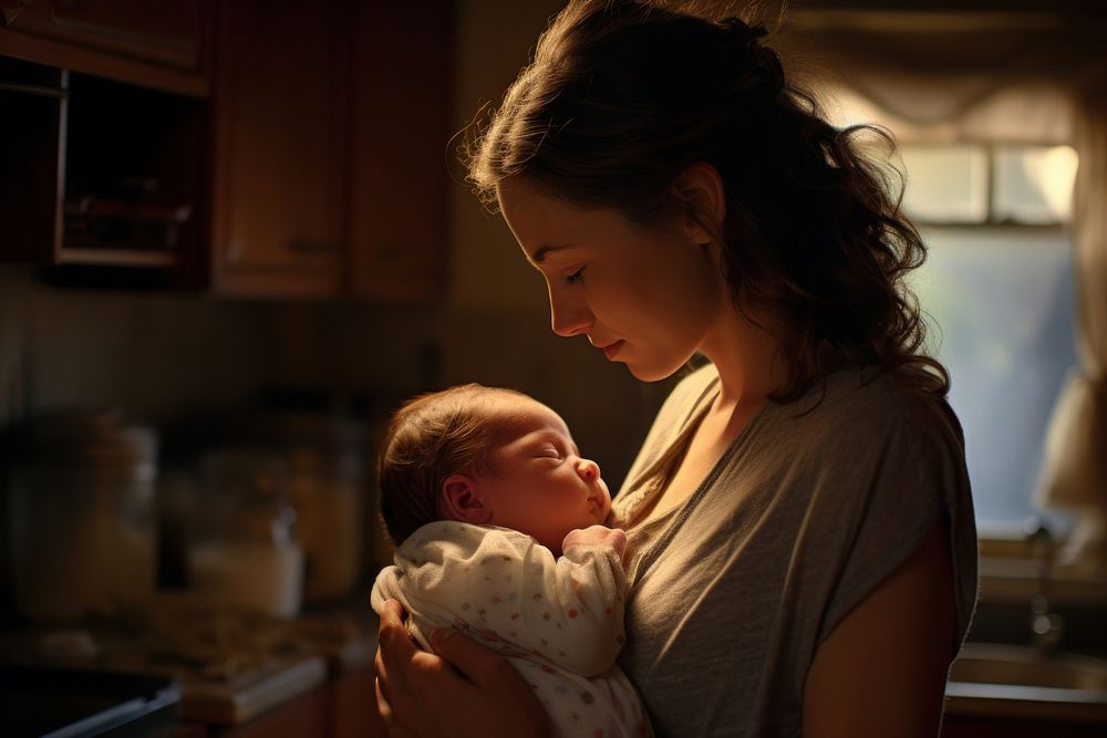 Loving mom carying of her newborn baby at home portrait adult photo. AI generated Image by rawpixel.