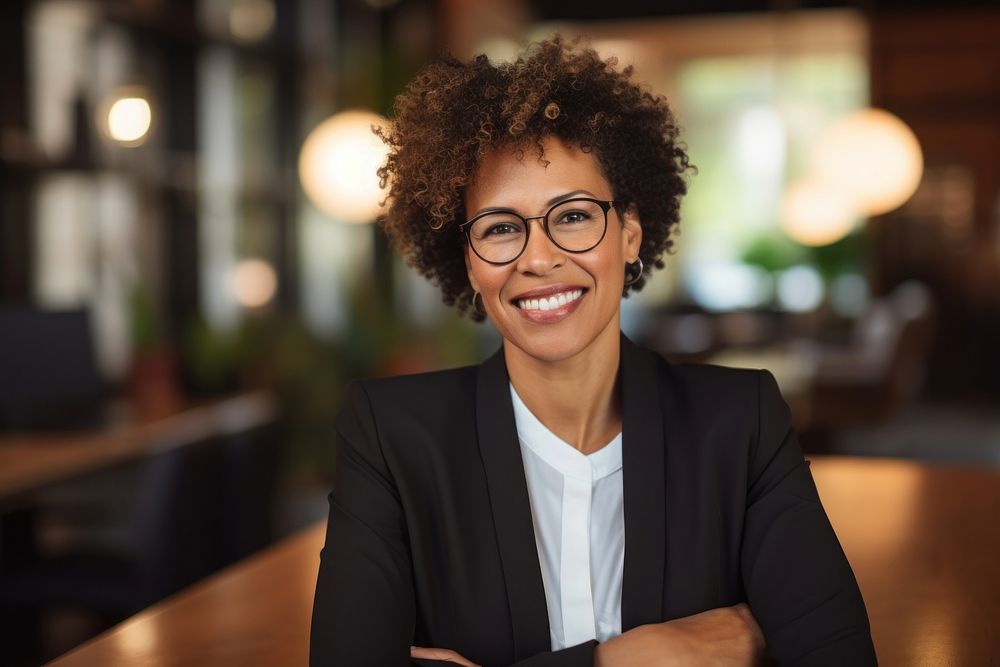 Mature cheerful african american executive businesswoman at workspace glasses adult smile. AI generated Image by rawpixel.