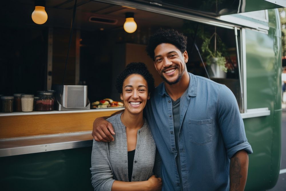 A multiracial couple in front of food truck smiling vehicle adult. AI generated Image by rawpixel.
