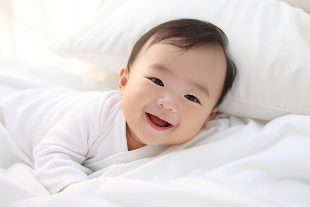 Smiling baby asian boy lying on a bed sleeping on white sheets smiling comfortable beginnings. AI generated Image by…