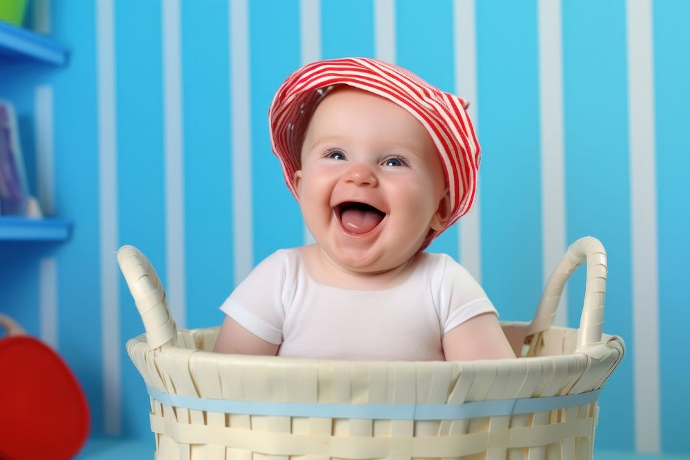 Smiling baby smiling basket head. AI generated Image by rawpixel.