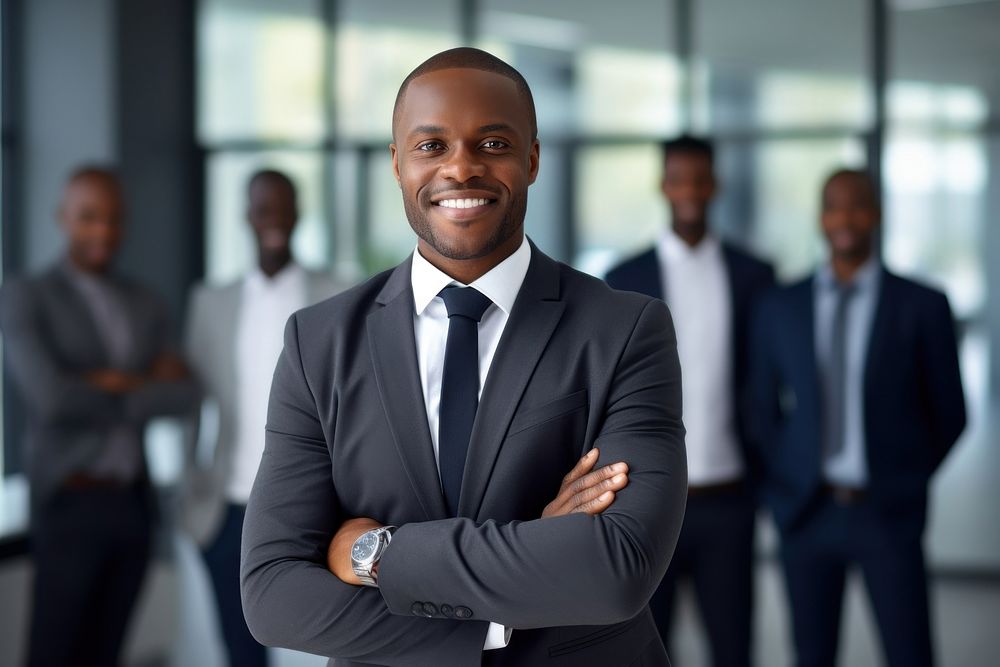Smiling confident african businessman looking at camera and standing in an office at team meeting smiling adult…