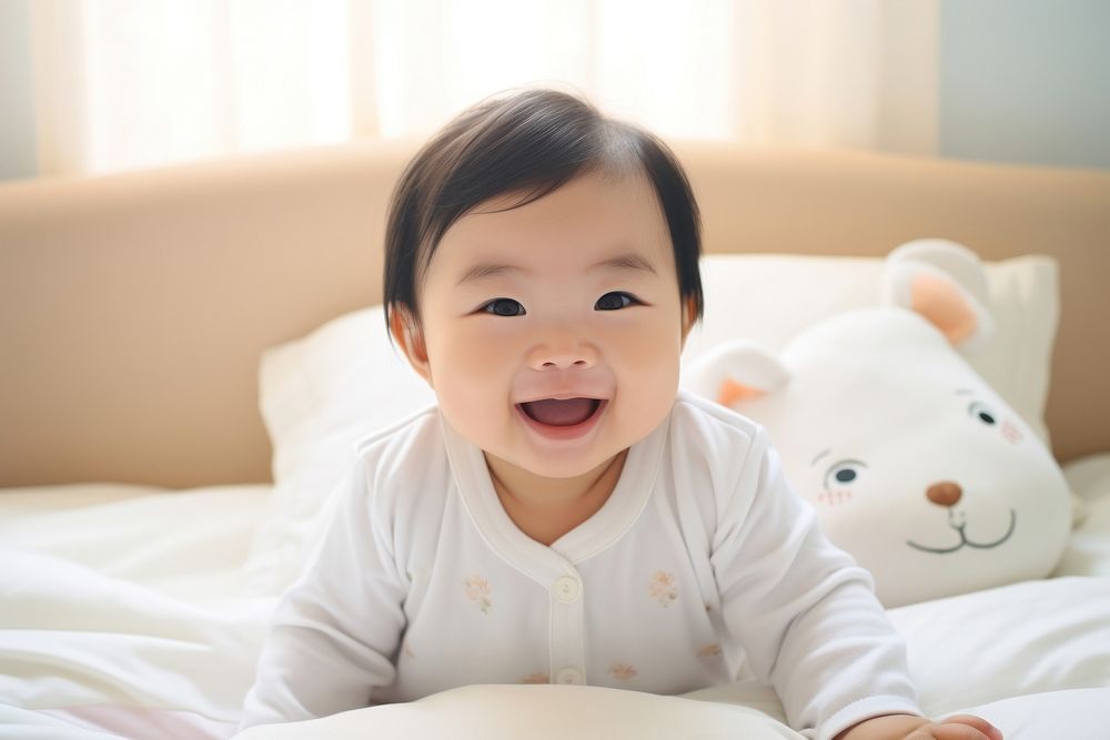 Smiling cute asian baby bedroom representation relaxation. AI generated Image by rawpixel.