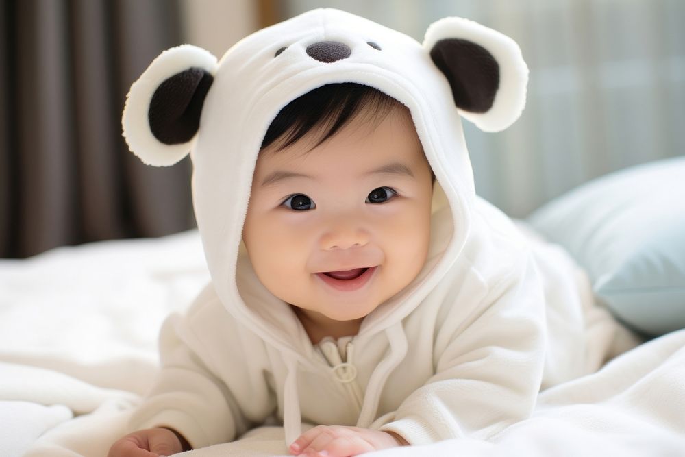 Smiling cute asian baby portrait photo bed. AI generated Image by rawpixel.
