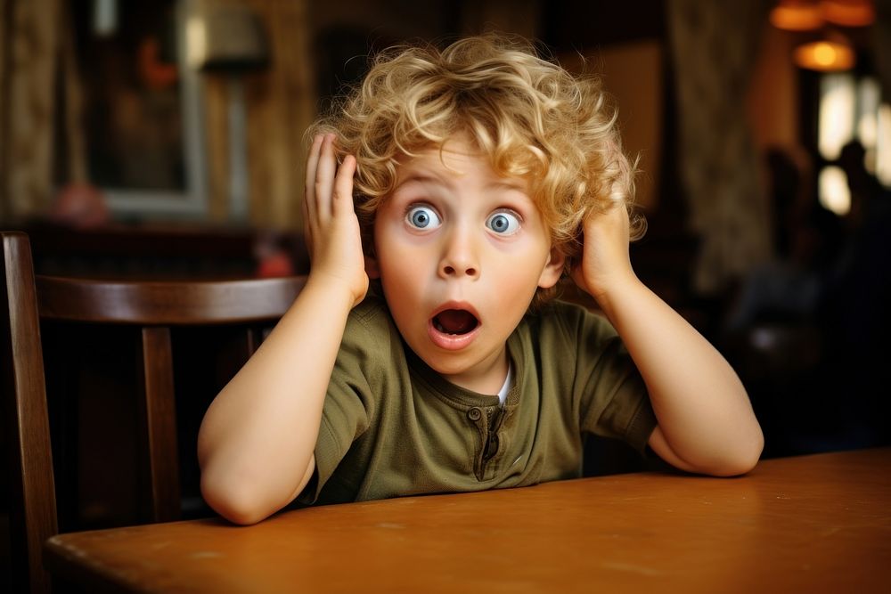 Surprised kid sitting at table face disappointment frustration. AI generated Image by rawpixel.